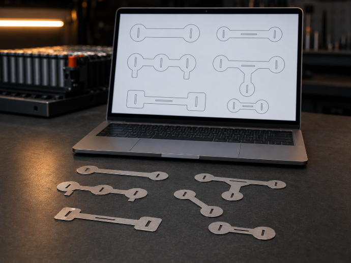 Laser-cut pure nickel tabs prepared from DXF files on a workbench