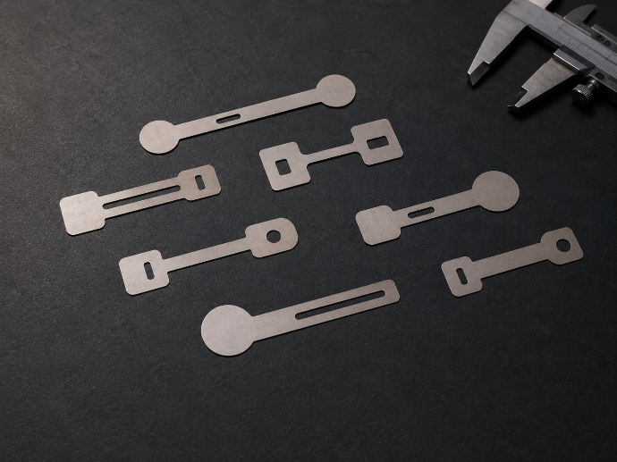 Flat laser-cut pure nickel parts on a workshop surface